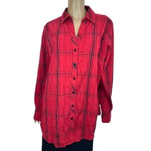 Foxcroft Blouse Size 6 Long Sleeve Red & Black Plaid  Button Front Cotton Blend